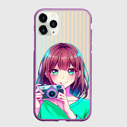 Чехол iPhone 11 Pro матовый Девушка с фотоаппаратом, цвет: 3D-фиолетовый