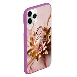 Чехол iPhone 11 Pro матовый Розовый фламинго и лотос из мрамора и золота, цвет: 3D-фиолетовый — фото 2