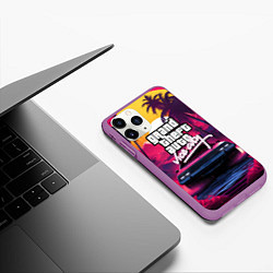 Чехол iPhone 11 Pro матовый Grand Theft Auto VI - автомобиль на закате, цвет: 3D-фиолетовый — фото 2