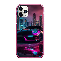 Чехол iPhone 11 Pro матовый Porshe night city, цвет: 3D-малиновый