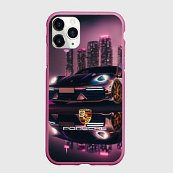 Чехол iPhone 11 Pro матовый Porshe night city, цвет: 3D-малиновый