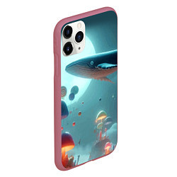 Чехол iPhone 11 Pro матовый Плывущий по небу кит среди грибов - фантазия, цвет: 3D-малиновый — фото 2