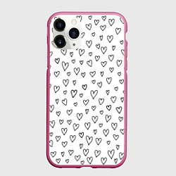 Чехол iPhone 11 Pro матовый Черные сердечки, цвет: 3D-малиновый