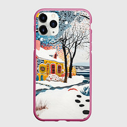 Чехол iPhone 11 Pro матовый Зимний городской пейзаж, цвет: 3D-малиновый