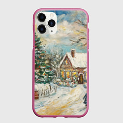 Чехол iPhone 11 Pro матовый Новогоднее утро во дворе пейзаж, цвет: 3D-малиновый