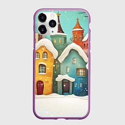Чехол iPhone 11 Pro матовый Веселые разноцветные зимние домики, цвет: 3D-фиолетовый
