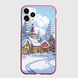 Чехол iPhone 11 Pro матовый Зимние уютные домики, цвет: 3D-малиновый