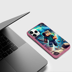 Чехол iPhone 11 Pro матовый Стив с мечом в космосе -Майнкрафт, цвет: 3D-малиновый — фото 2