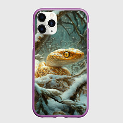 Чехол iPhone 11 Pro матовый Золотистая змея в зимнем лесу, цвет: 3D-фиолетовый