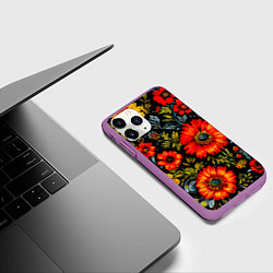 Чехол iPhone 11 Pro матовый Русская хохлома, паттерн, цвет: 3D-фиолетовый — фото 2