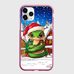 Чехол iPhone 11 Pro матовый Новогодняя зеленая змейка во дворе, цвет: 3D-малиновый