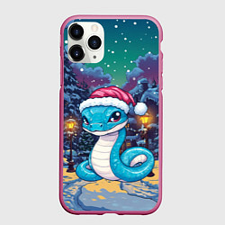Чехол iPhone 11 Pro матовый Голубая новогодняя змея в ночном городе, цвет: 3D-малиновый