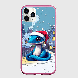 Чехол iPhone 11 Pro матовый Синяя змея в новогоднем городе, цвет: 3D-малиновый