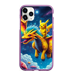 Чехол iPhone 11 Pro матовый Pikachu on a fabulous dragon - neon glow, цвет: 3D-фиолетовый