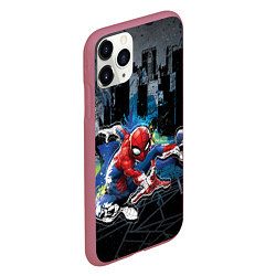 Чехол iPhone 11 Pro матовый Spider-man over the city, цвет: 3D-малиновый — фото 2