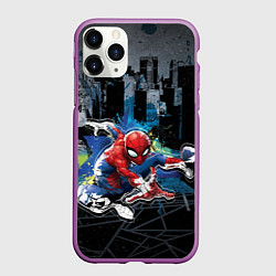 Чехол iPhone 11 Pro матовый Spider-man over the city, цвет: 3D-фиолетовый