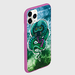 Чехол iPhone 11 Pro матовый Агрессивная зеленая змея на абстрактном фоне, цвет: 3D-фиолетовый — фото 2