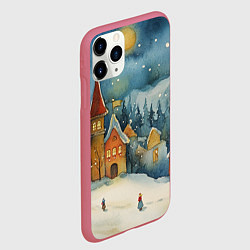 Чехол iPhone 11 Pro матовый Новогодние дома ночью, цвет: 3D-малиновый — фото 2