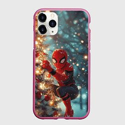 Чехол iPhone 11 Pro матовый Человек паук на новогодней елке, цвет: 3D-малиновый