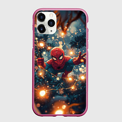 Чехол iPhone 11 Pro матовый Человек паук в новогодней елке, цвет: 3D-малиновый
