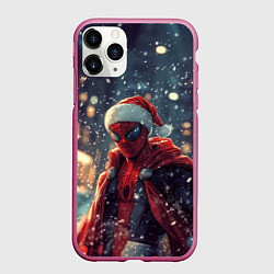 Чехол iPhone 11 Pro матовый Человек-паук в шапке Санты, цвет: 3D-малиновый