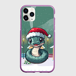 Чехол iPhone 11 Pro матовый Зеленая змейка и домики, цвет: 3D-фиолетовый