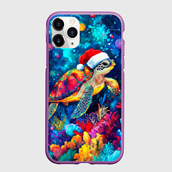 Чехол iPhone 11 Pro матовый Морская черепаха в шапке Санты, цвет: 3D-фиолетовый