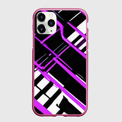 Чехол iPhone 11 Pro матовый Фиолетово-белые линии на чёрном фоне, цвет: 3D-малиновый