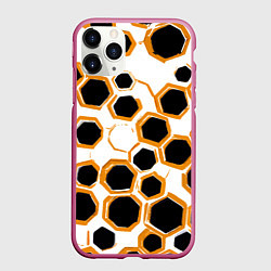 Чехол iPhone 11 Pro матовый Чёрно-жёлтые шестиугольники на белом фоне, цвет: 3D-малиновый