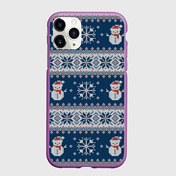 Чехол iPhone 11 Pro матовый Вязаный зимний узор со снеговиками, цвет: 3D-фиолетовый