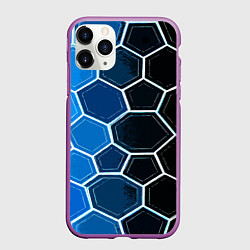 Чехол iPhone 11 Pro матовый Белые шестиугольники на чёрно-синем фоне, цвет: 3D-фиолетовый