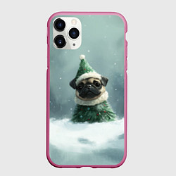 Чехол iPhone 11 Pro матовый Маленький новогодний мопс, цвет: 3D-малиновый