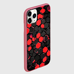 Чехол iPhone 11 Pro матовый Красно-серые шестиугольники на чёрном фоне, цвет: 3D-малиновый — фото 2