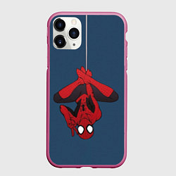 Чехол iPhone 11 Pro матовый Человек-Паук на паутине, цвет: 3D-малиновый