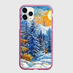 Чехол iPhone 11 Pro матовый Новогодние елки в лесу масляные краски, цвет: 3D-малиновый