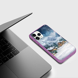 Чехол iPhone 11 Pro матовый Новый год - домики в горах, цвет: 3D-фиолетовый — фото 2