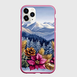 Чехол iPhone 11 Pro матовый Новогодний горный пейзаж с цветами, цвет: 3D-малиновый