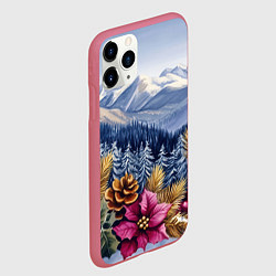 Чехол iPhone 11 Pro матовый Новогодний горный пейзаж с цветами, цвет: 3D-малиновый — фото 2
