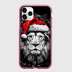 Чехол iPhone 11 Pro матовый Величественный лев в красной шапке Санты, цвет: 3D-малиновый