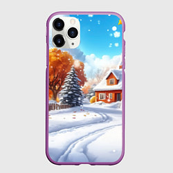 Чехол iPhone 11 Pro матовый Новогодний пейзаж и домики, цвет: 3D-фиолетовый