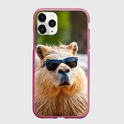 Чехол iPhone 11 Pro матовый Модная капибара в темных очках, цвет: 3D-малиновый