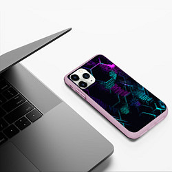 Чехол iPhone 11 Pro матовый Розово-голубые точки и линии на чёрном фоне, цвет: 3D-розовый — фото 2