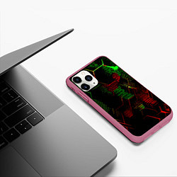 Чехол iPhone 11 Pro матовый Красно-зелёные точки и линии на чёрном фоне, цвет: 3D-малиновый — фото 2