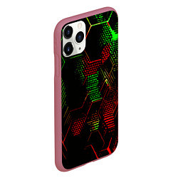 Чехол iPhone 11 Pro матовый Красно-зелёные точки и линии на чёрном фоне, цвет: 3D-малиновый — фото 2