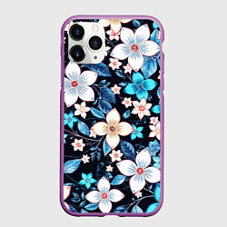 Чехол iPhone 11 Pro матовый Сине-белые цветы на чёрном фоне, цвет: 3D-фиолетовый