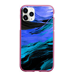 Чехол iPhone 11 Pro матовый Синие волны на чёрном фоне, цвет: 3D-малиновый