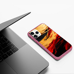 Чехол iPhone 11 Pro матовый Красно-золотые волны на чёрном фоне, цвет: 3D-малиновый — фото 2