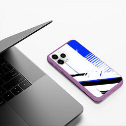 Чехол iPhone 11 Pro матовый Чрно-синие полосы на белом фоне, цвет: 3D-фиолетовый — фото 2