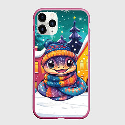 Чехол iPhone 11 Pro матовый Змейка на фоне новогодних домиков, цвет: 3D-малиновый