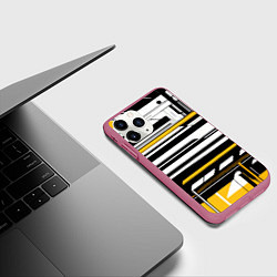 Чехол iPhone 11 Pro матовый Жёлто-белые технологические линии на чёрном фоне, цвет: 3D-малиновый — фото 2